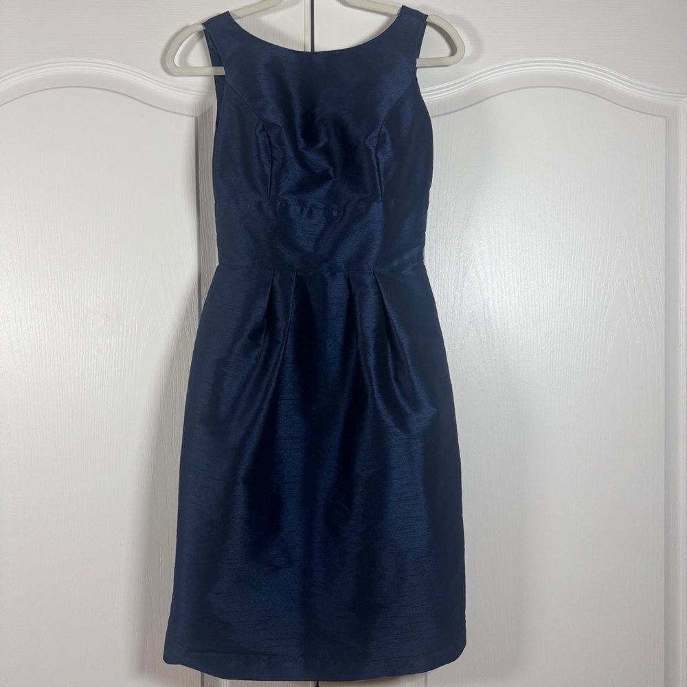 Alfred Sung Midnight Navy Bow Back Fit Flare Cocktail Dress Pockets Size 4 - Picture 3 of 11